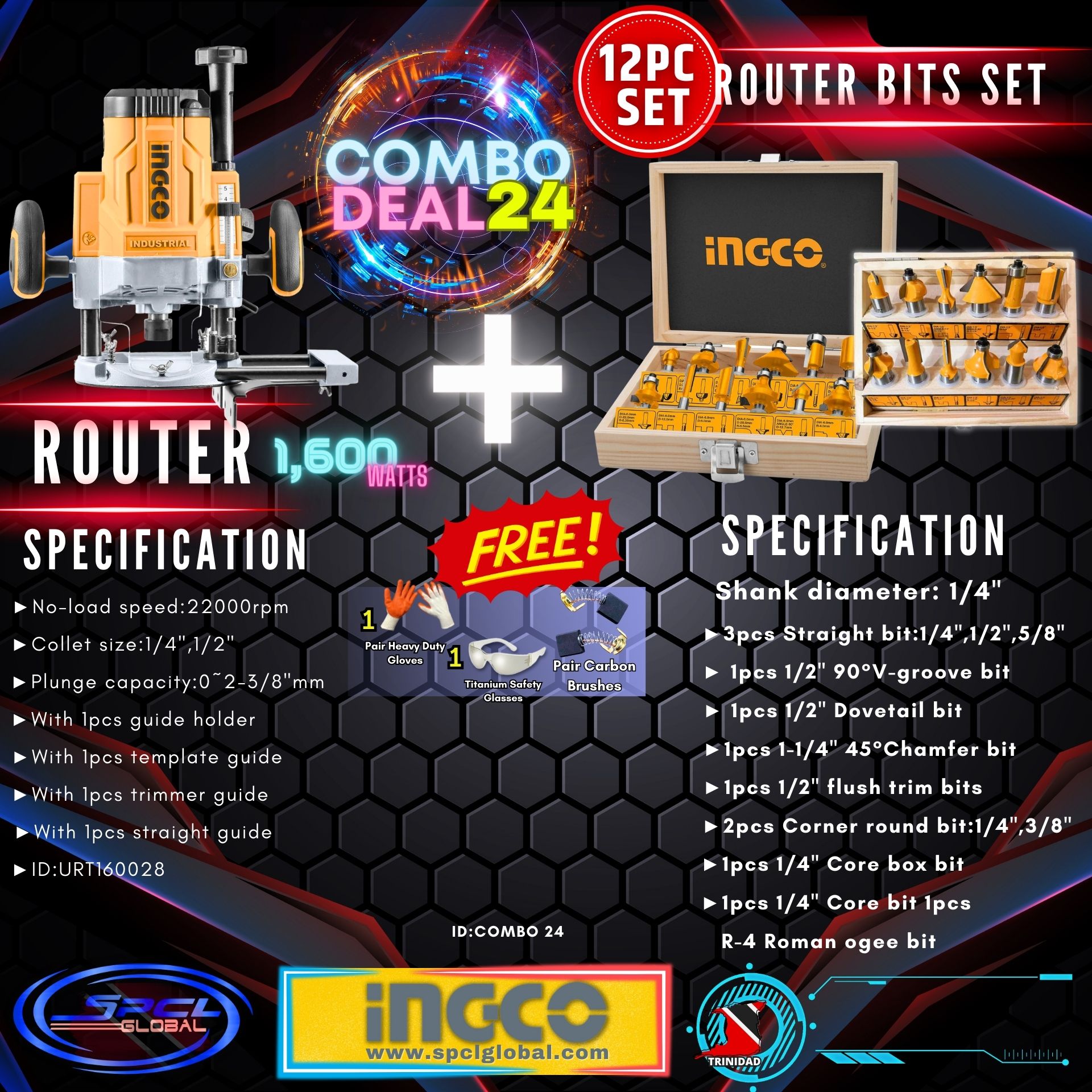 COMBO 24 - 1600W ROUTER +12 Pcs Router Bits Set(1/4