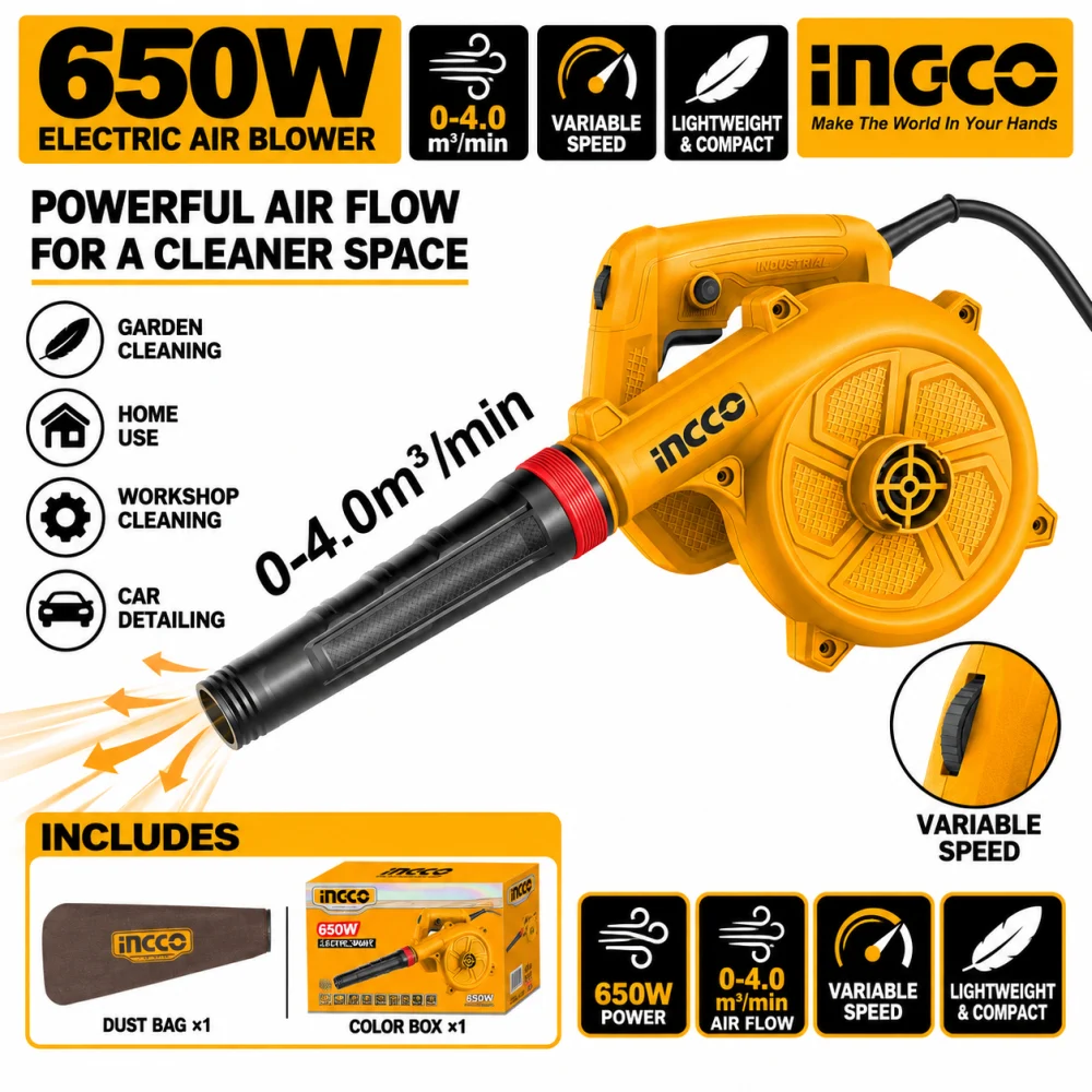 INGCO 650W 2-in-1 Electric Blower with Dust Bag